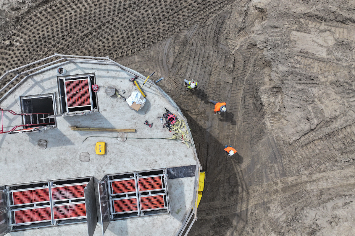 The circular pump station receives flows from the Panasonic facility. The team is backfilling the excavation for this structure. The pump station houses five submersible pumps to receive flow from Panasonic and push it to the headworks.