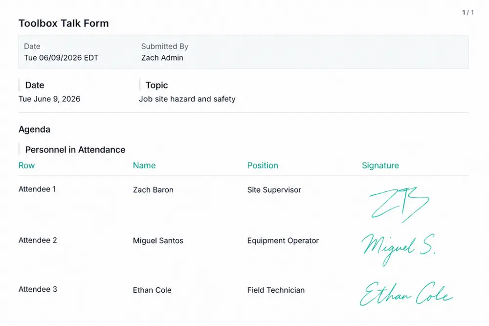 Timestamps and signatures captured at submission create trust in forms from the field.