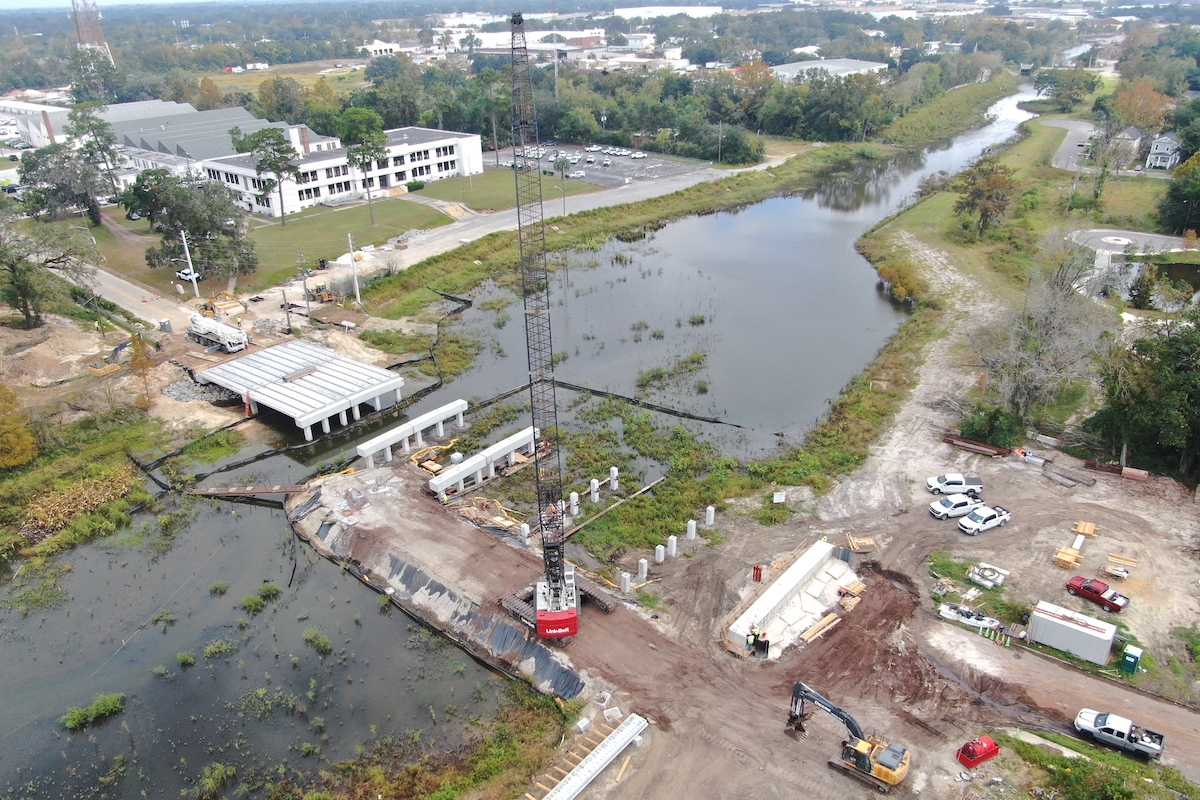 The King Street Bridge was under construction in April 2024, as part of the McCoys Creek Restoration Project.