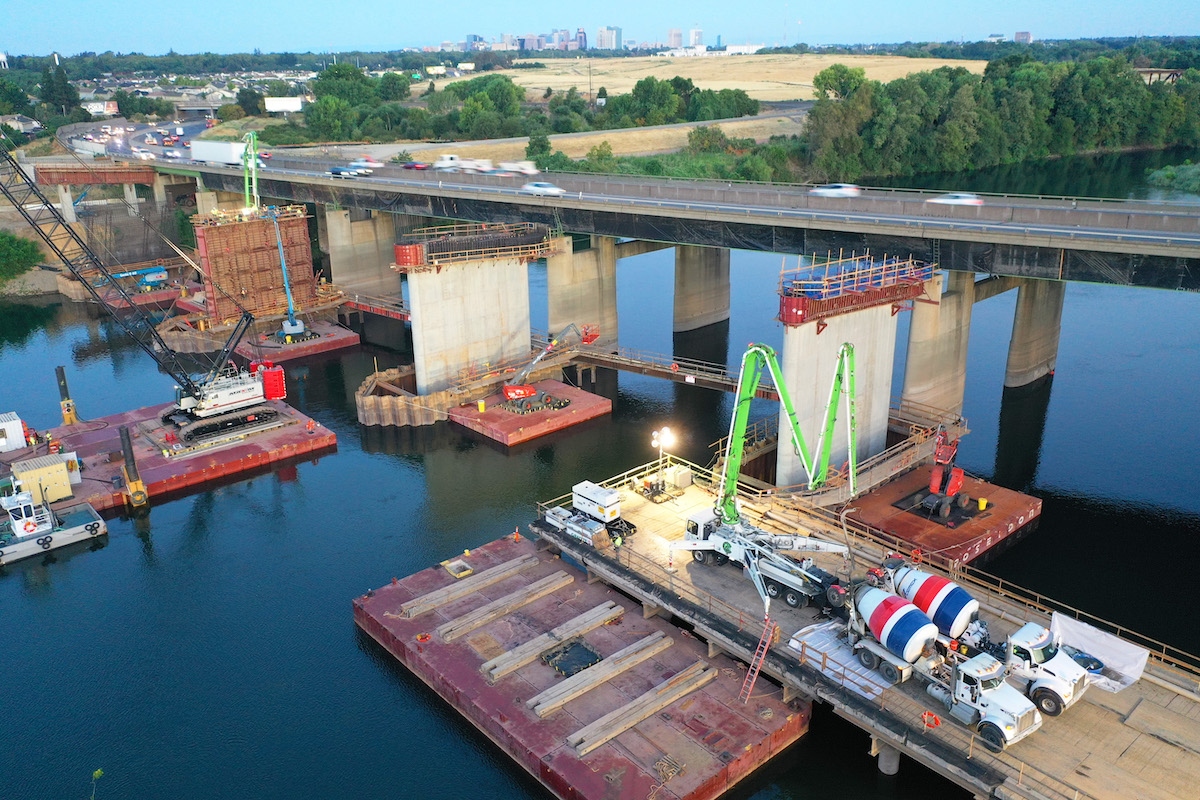 Most of the foundation work for the American River Bridge Rehabilitation Project was built using floating barges.