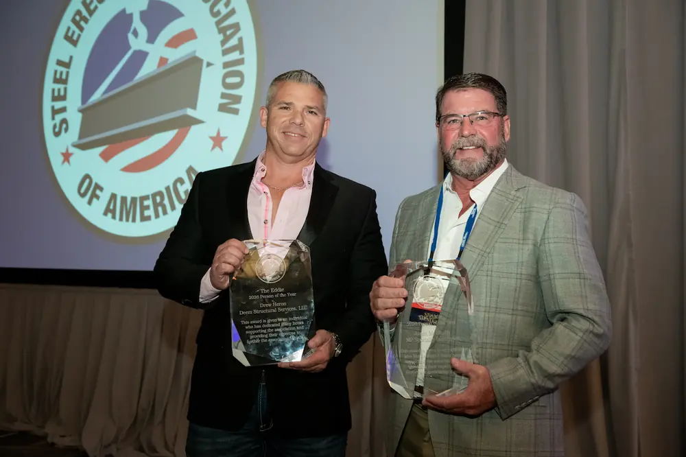 Drew Heron (left), Director of Deem Structural Services in Houston, Texas, and Jason McElrath (right), President of MP Specialty Insurance in West Columbia, South Carolina, are awarded for their commitment to the association.