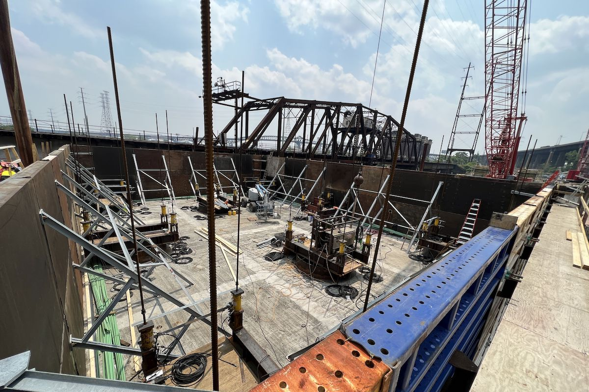 A view of the completed Pier 2 soffit slab construction is shown here, prior to dejacking operations.