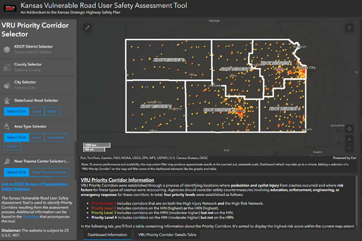 KDOT’s VRUSA tool features an interactive dashboard to help local agencies turn safety concerns into actionable projects.