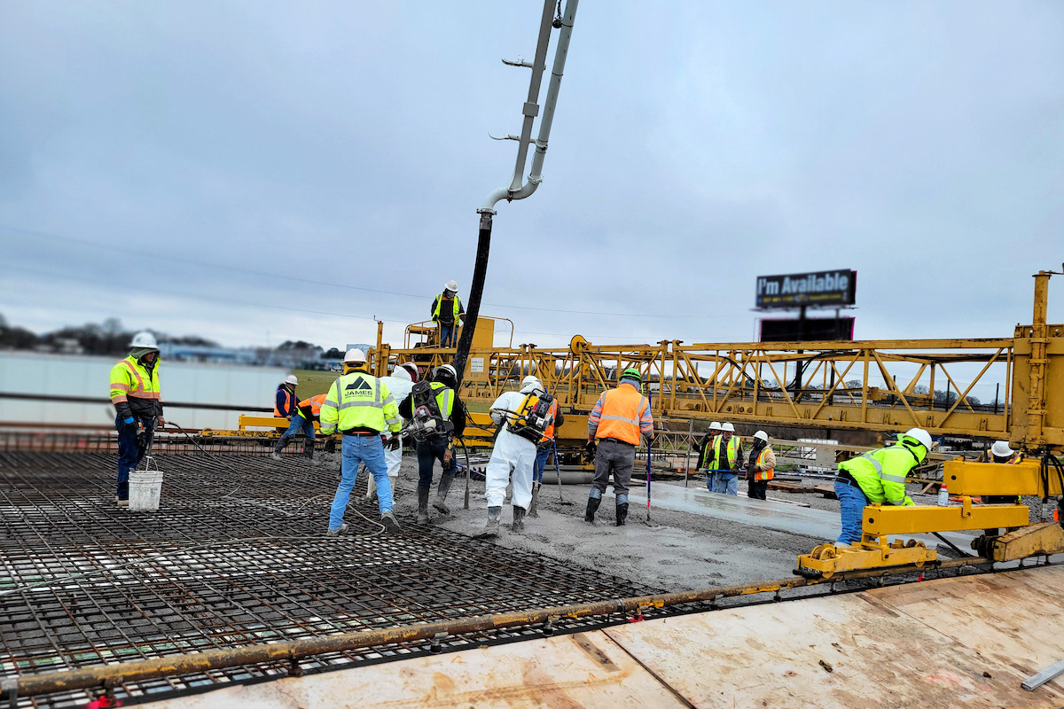 JB James crews pour concrete for the Ambassador Caffery Interchange project.