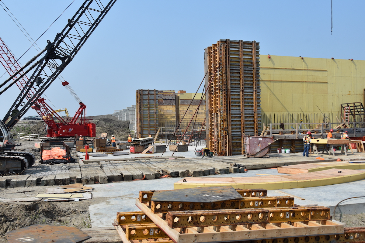 The Diversion Inlet Structure portion of the project includes construction of a concrete control structure with three gates that will regulate flows into the diversion channel. (USACE St. Paul District photo by Shannon Bauer)