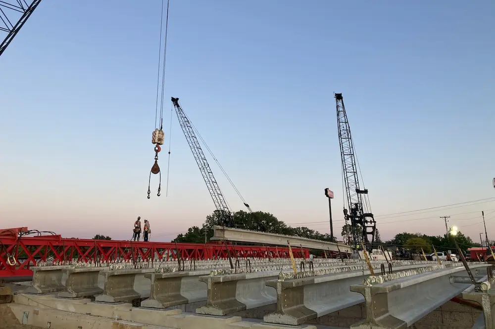 Beams are set on the Fourth Street Northwest bridge over I-90.