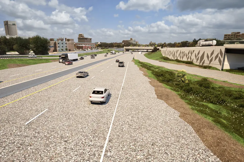 A rendering shows the enhanced aesthetic improvements on I-90 looking north toward East 22nd Street.