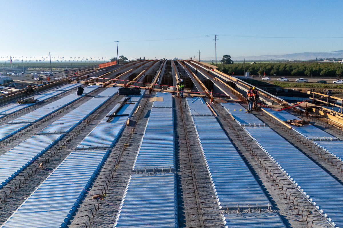 The bridge deck is prepared for the Austin Road overcrossing.