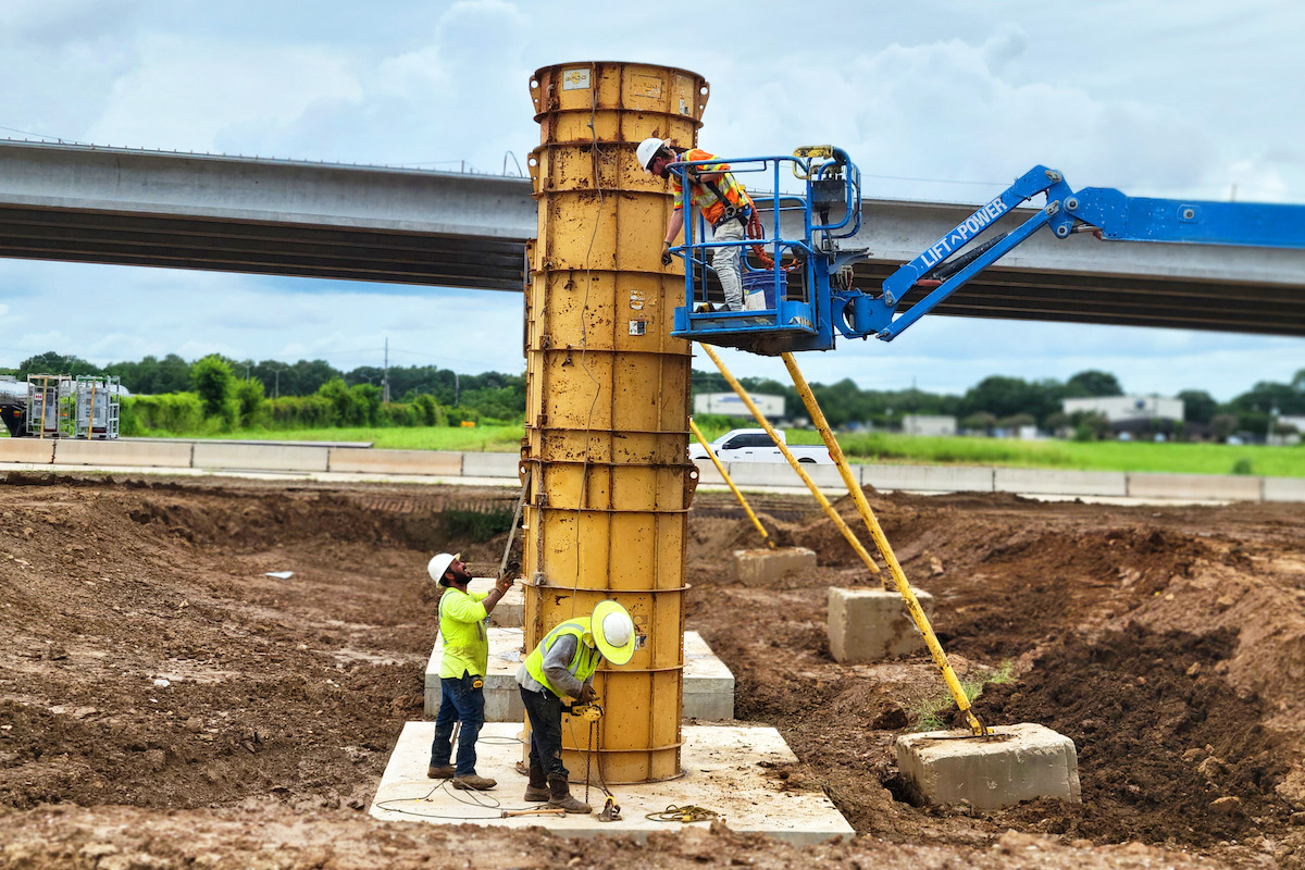 Crews prepare to pour concrete for bridge columns on the Ambassador Caffery Interchange project.