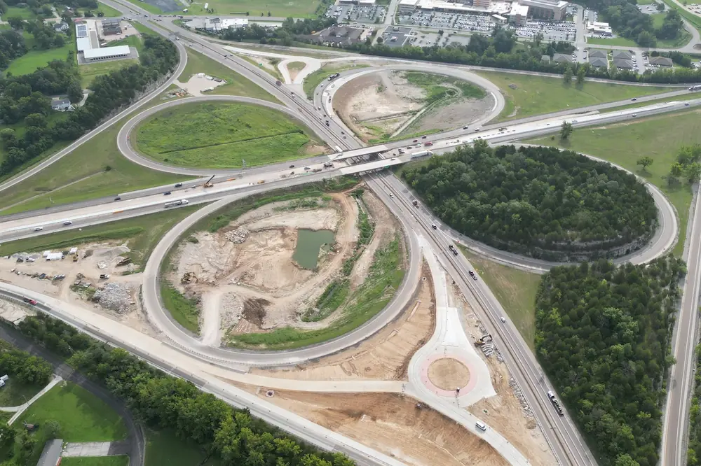 Pictured here is an aerial view of earthwork being performed for roundabouts.