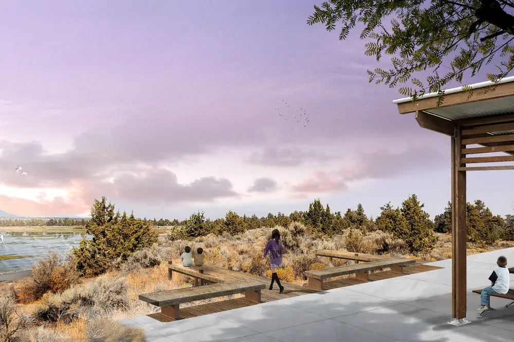 A conceptual rendering shows the planned trailhead area, part of the public recreation component envisioned for the completed complex. (Rendering courtesy of Walker Macy)