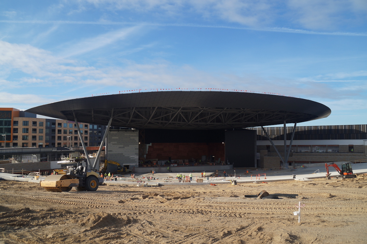 The Acrisure Amphitheater’s canopy includes 3.2 million pounds of steel and spans the length and width of a football field.