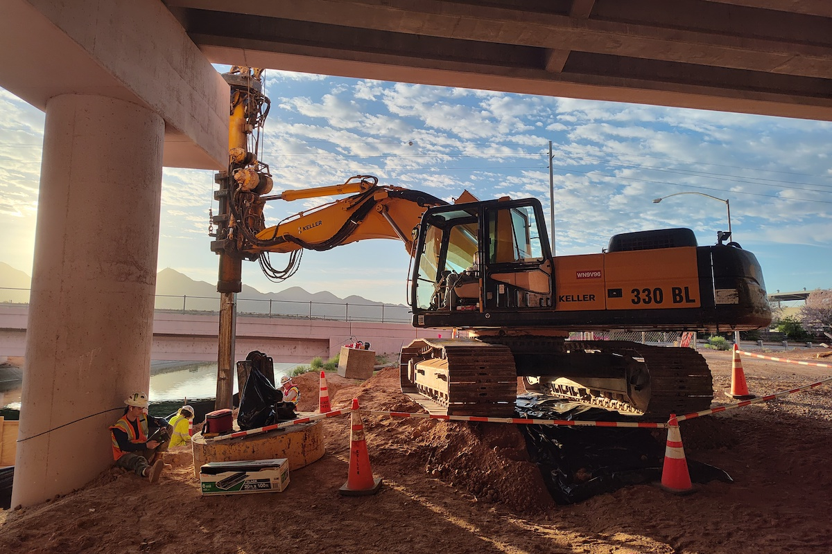 Shafts are drilled for columns to support bridge extensions carrying new Loop 101 lanes above the Central Arizona Project Canal near Frank Lloyd Wright Boulevard in Scottsdale.