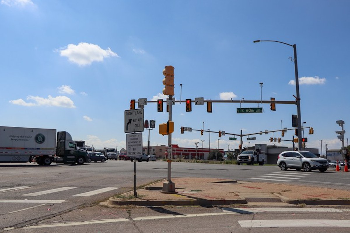 Shown here is the current intersection of East 60th Avenue, Vasquez Boulevard, and Parkway Drive. As part of this project, the intersection will be simplified to a more standard, signalized four-way intersection.