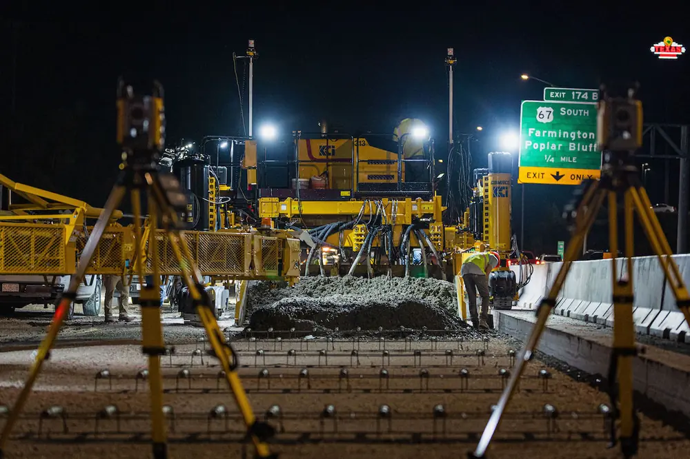 Work is performed through the night to surface portions of I-55 near the Farmington/Poplar Bluff Exit.