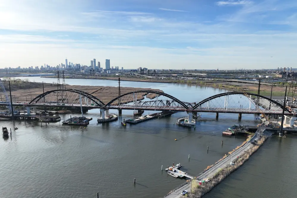 The main span over the navigable channel in the Hackensack River consists of three tied-arch bridges. (Photo courtesy of Skanska)