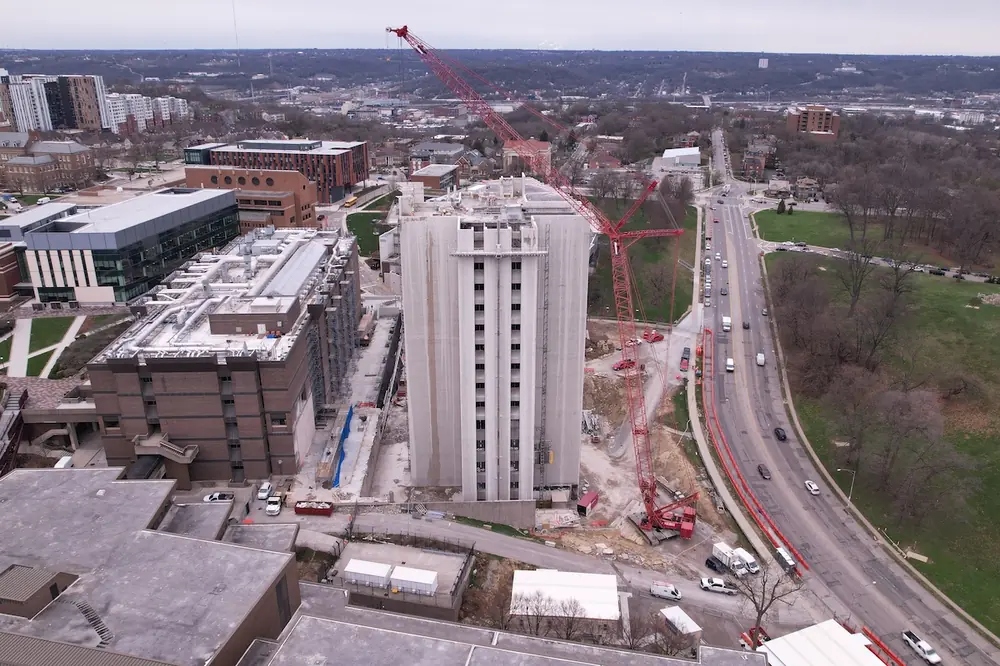 Crosley Tower sits in the heart of an active university campus with hospitals, classrooms, utilities, and public infrastructure immediately adjacent. (Photo courtesy of O’Rourke)