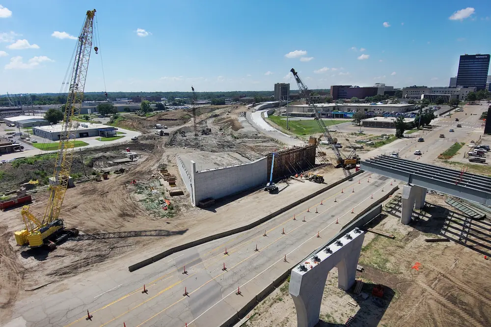 Pictured here is the east I-70/Polk-Quincy Viaduct abutment at Kansas Avenue, looking east. (Photo courtesy of Bartlett & West)