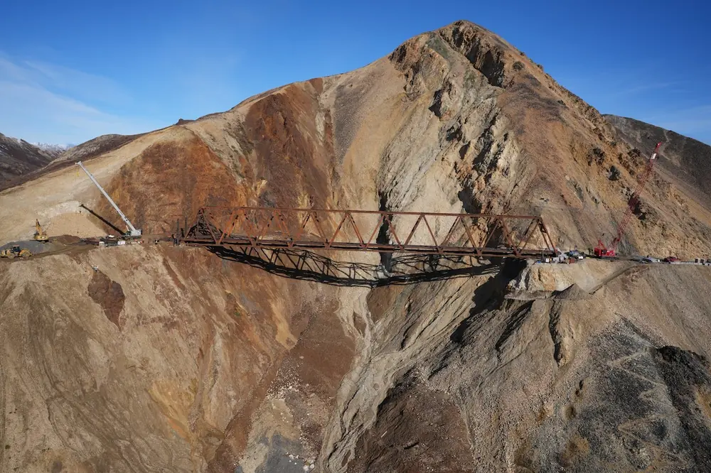 The crew spent approximately two days physically sliding the launch truss across the landslide in Alaska’s Polychrome Pass.