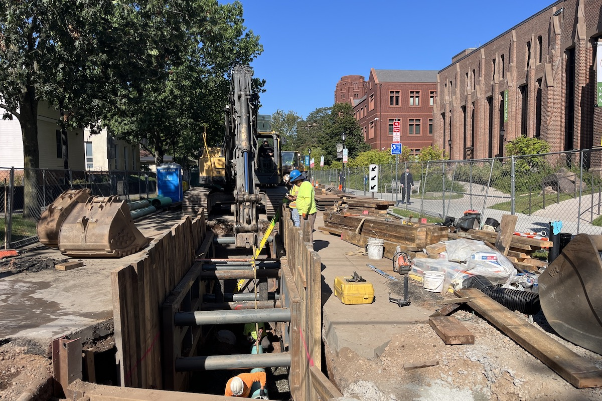 The team installs 3-inch wood timber sheeting by leap frogging custom modular sheeting frames, manufactured by HERC Trench Safety Solutions.