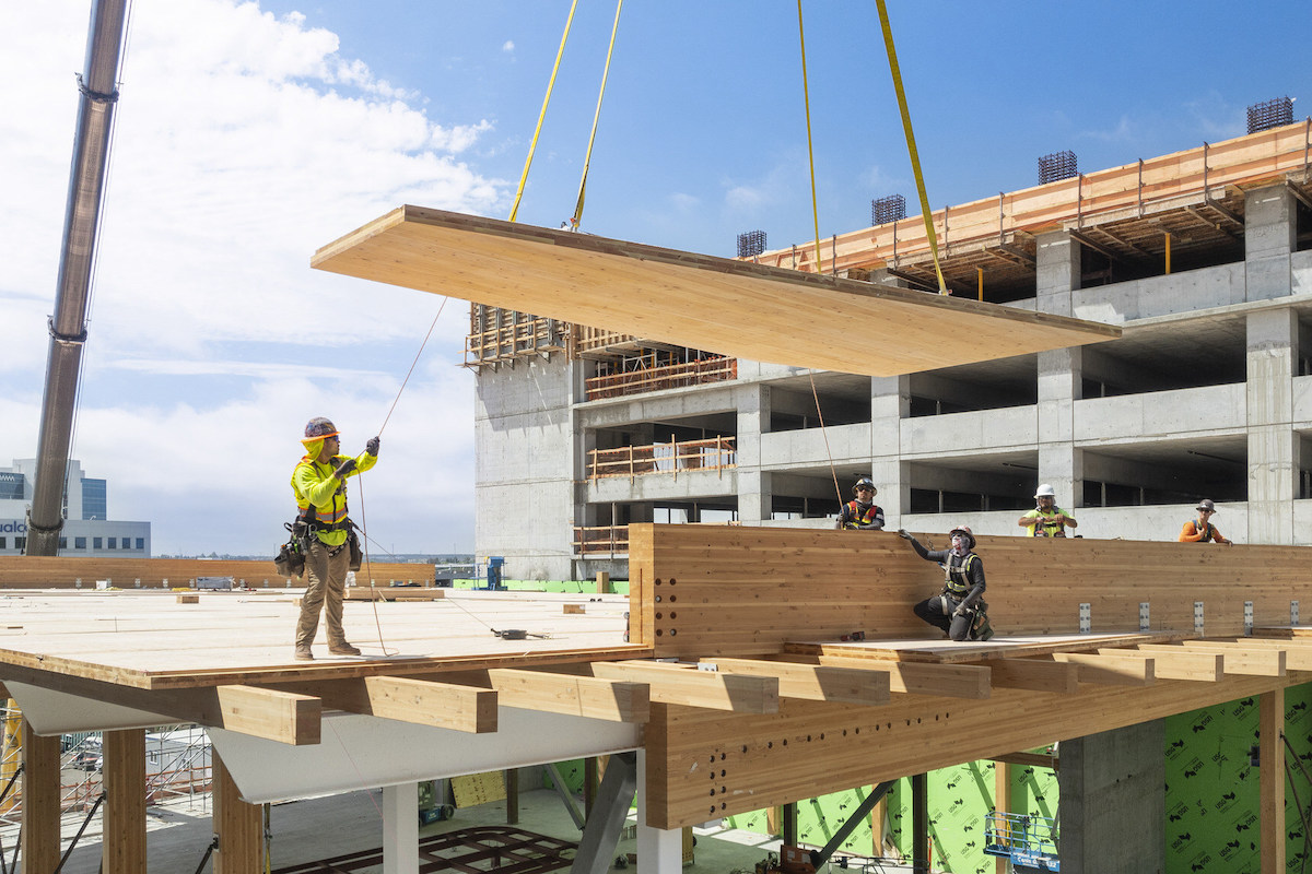 The BNBuilders crew works on a mass timber project.