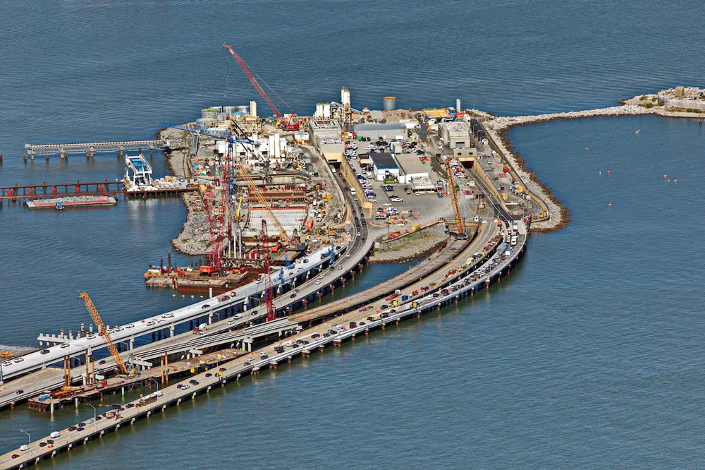 The Hampton Roads Bridge-Tunnel connects two man-made islands between Hampton and Norfolk, Virginia.