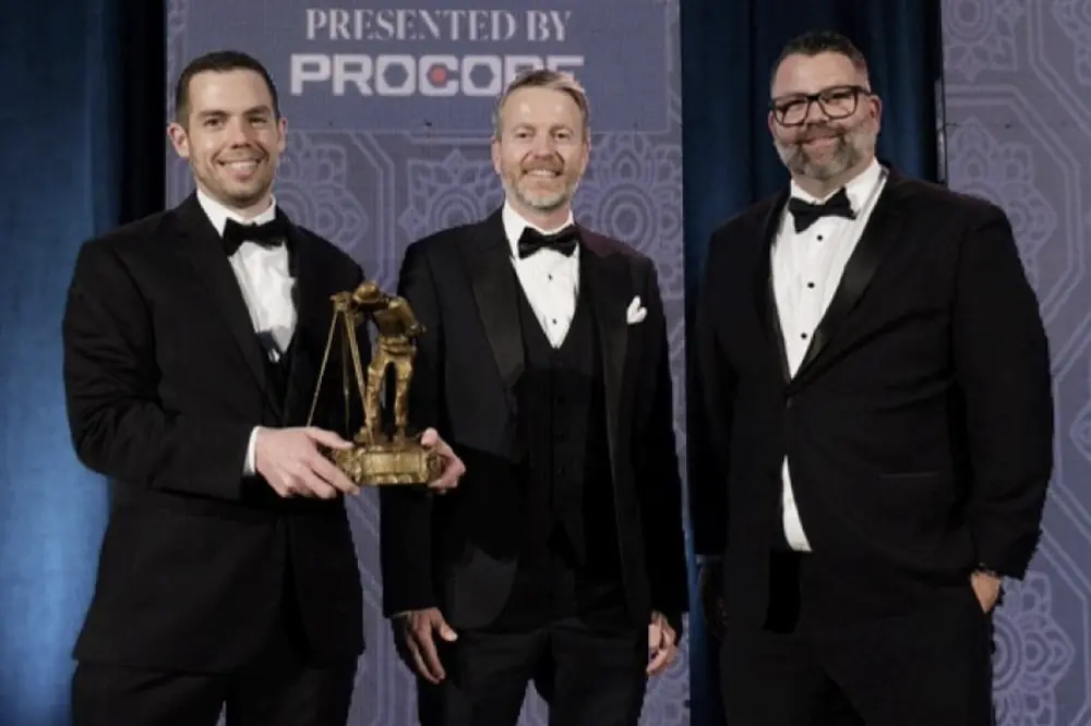 Walsh Construction Project Manager Jeremy Stockschlaeder accepts the AGC of California Constructor Award on behalf of the Walsh Construction and Brown and Caldwell design-build team.