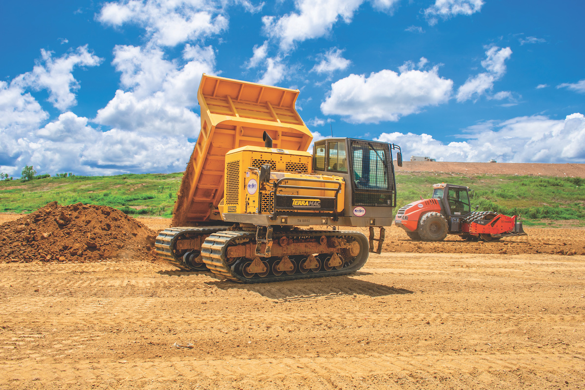 Operator Robyn Johnson hauls material with a Terramac RT14R Rotating Rubber-Tracked Crawler Carrier.