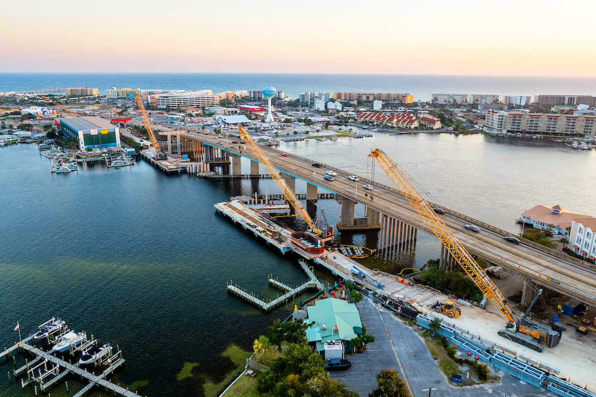 Pictured here is an aerial view of the Brooks Bridge project in Santa Rosa Sound between Fort Walton Beach and Okaloosa Island. The new bridge will vastly improve traffic flow between the two communities.