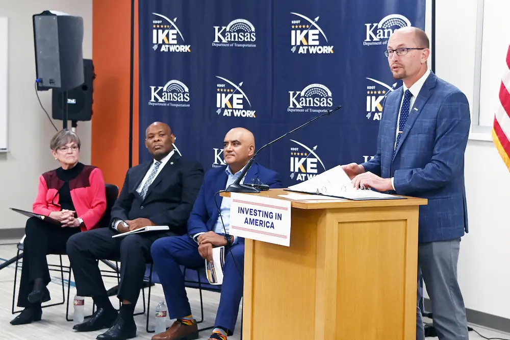 Governor Laura Kelly, Mayor Tyrone Garner, FHWA Administrator Shailen Bhatt, and Reed celebrate a federal grant award to modernize the 18th Street Bridge in Kansas City.
