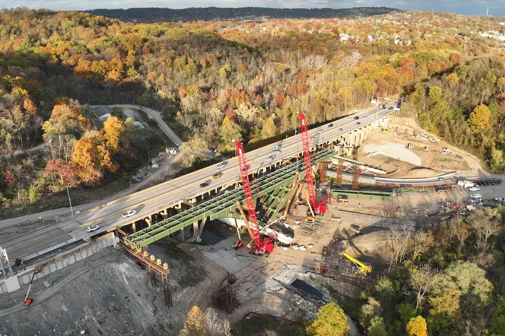Steel girders and arched delta frames are erected for the new I-376 Commercial Street Bridge in Pittsburgh in the fall of 2025.