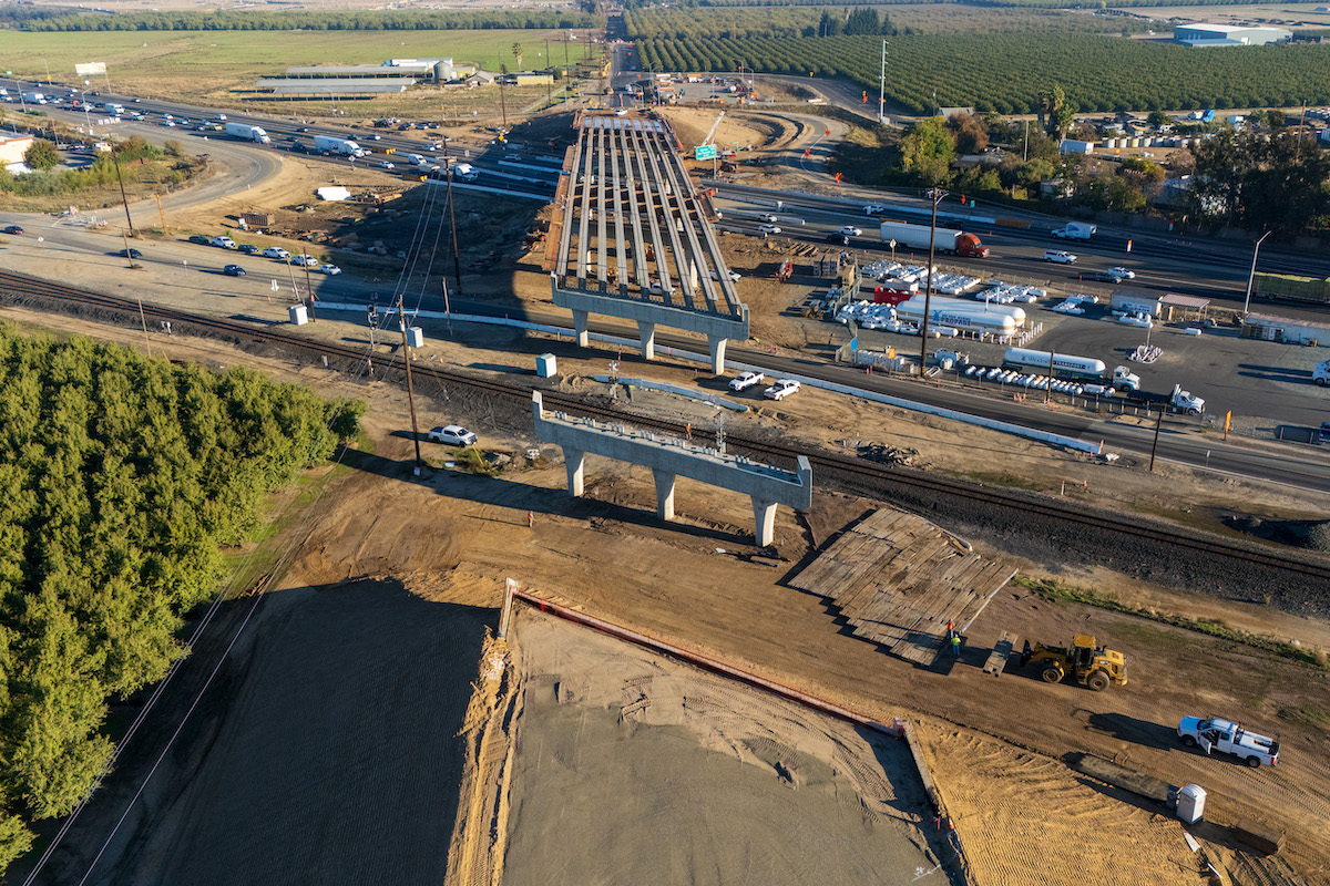 Many girders have been placed for the new Austin Road overcrossing as part of the San Joaquin Council of Governments’ highway-to-highway State Route 99/120 Connector project.