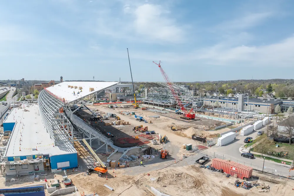 Amway Soccer Stadium features a cantilevered canopy roof to protect seated fans from the elements while preserving clear sightlines of the playing field.