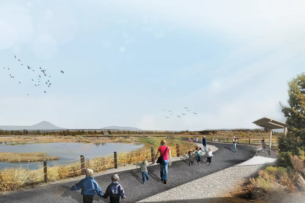A conceptual rendering illustrates the planned trailhead experience and future public access at the Redmond Wetlands Complex. (Rendering courtesy of Walker Macy)