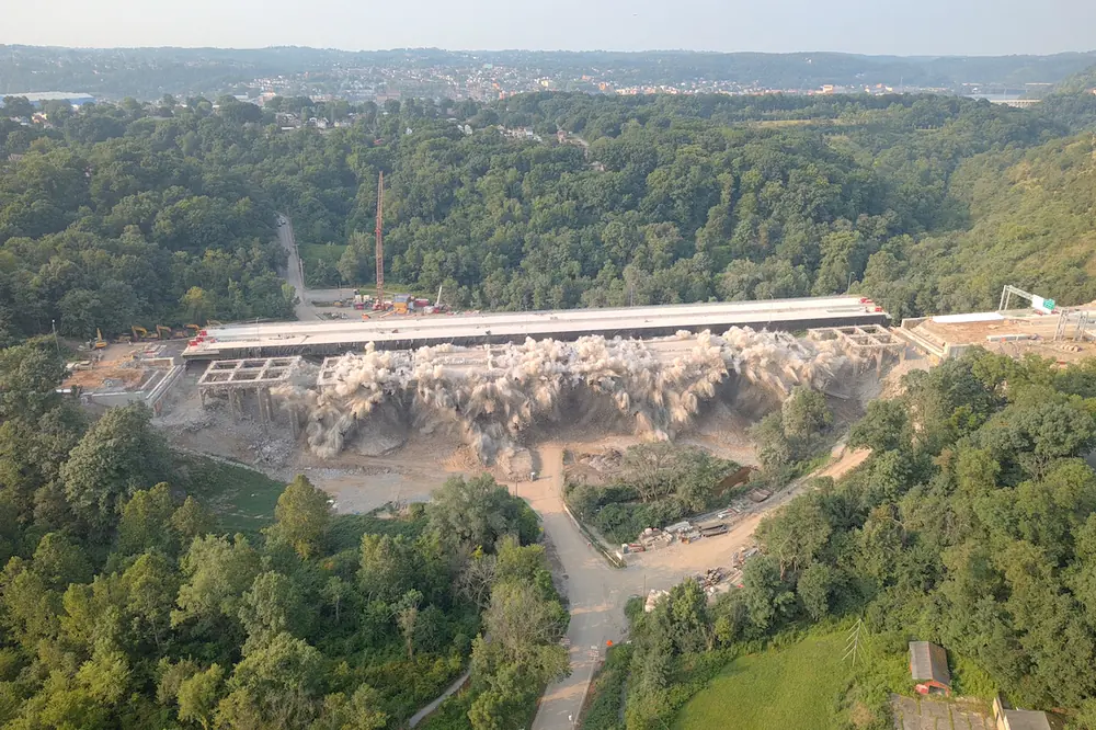 Following a conventional demolition of the bridge deck, Fay performed a controlled implosion to drop the remainder of the former Commercial Street Bridge in Pittsburgh on July 16, 2026.