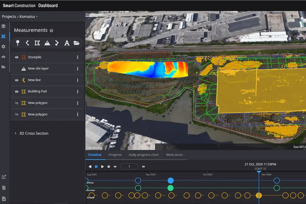3D digital twin visualization software, such as Smart Construction Dashboard, provides near real-time progress tracking, cut/fill analysis, stockpile measurements, and more.