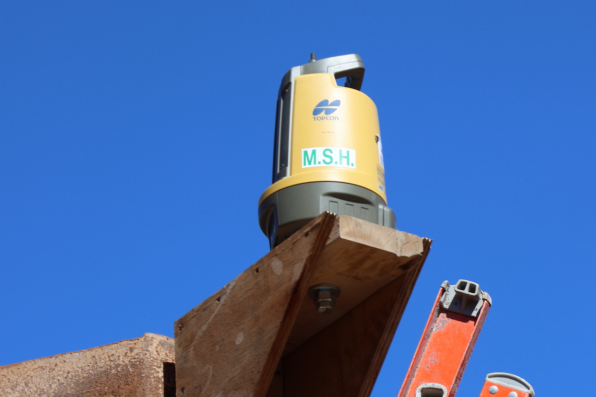 The Topcon Layout Navigator is attached to a steel beam at Strong Memorial Hospital, helping to maximize line-of-sight on the congested site.