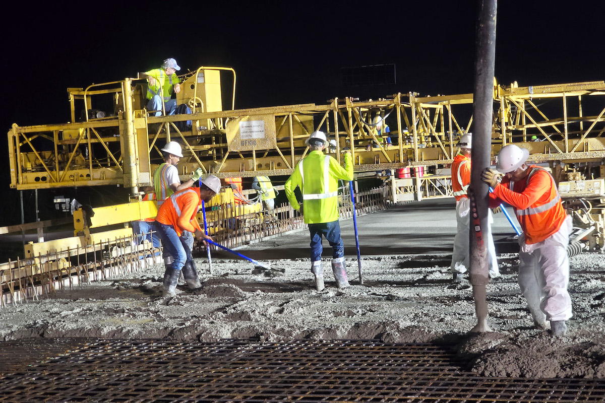 Some of the night work involved pouring concrete for the bridge deck.