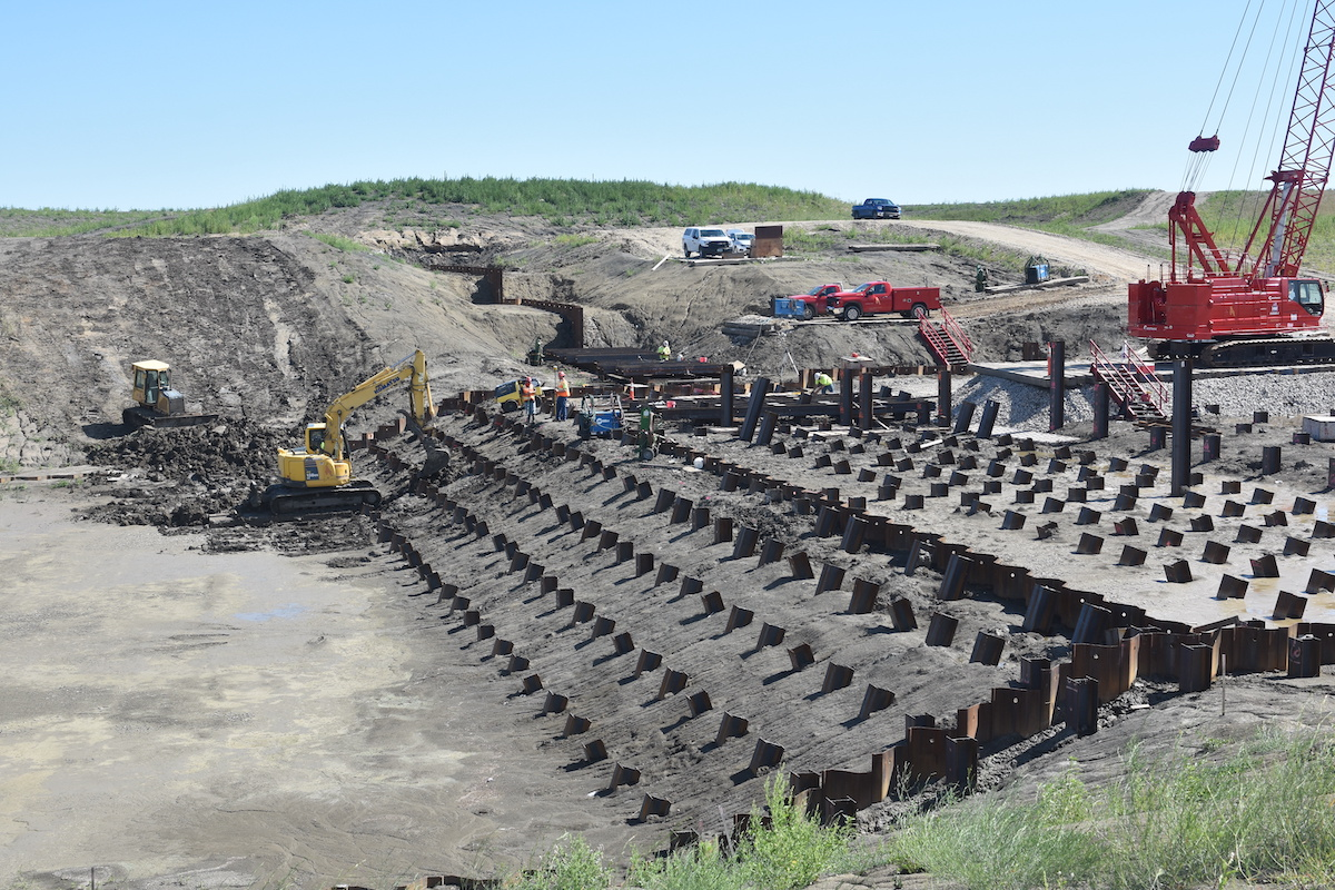 Placement of wick drains in the soil help with consolidation and decrease the amount of settlement at the site of the Diversion Inlet Structure. (USACE St. Paul District photo by Patrick Moes)