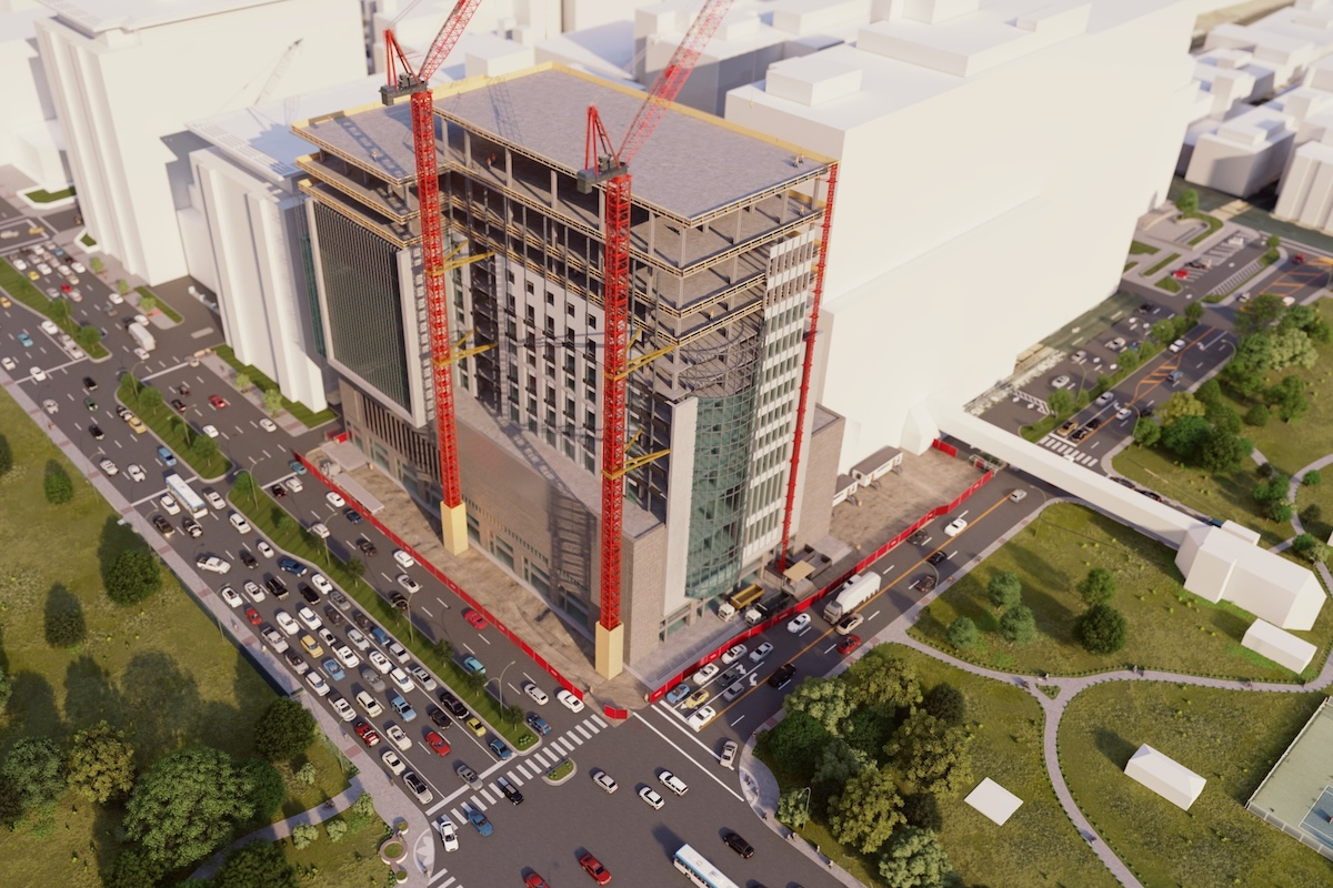 Visual 4D planning for a complex healthcare project incorporated construction logistics, traffic planning, and phasing.