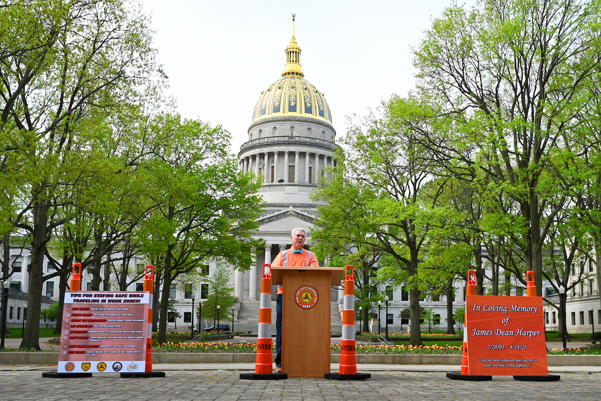Rumbaugh speaks during a press conference for National Work Zone Awareness Week in April 2025.