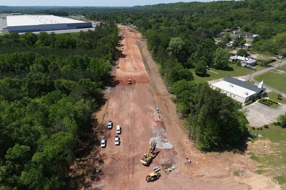 This aerial view shows the future Morgan Road connection at SR-150.