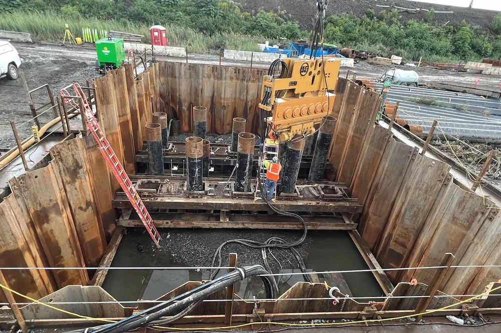 Pile pipe is placed at the northeast abutment. (Photo courtesy of NJ Transit)
