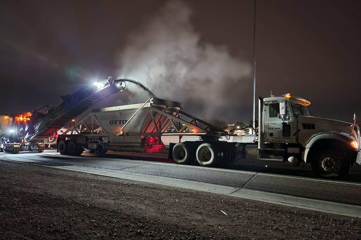 Night work along Loop 101 includes the removal of a 1-inch layer of older, worn rubberized asphalt. Later on, crews will use diamond grinding to smooth the pavement's concrete surface.