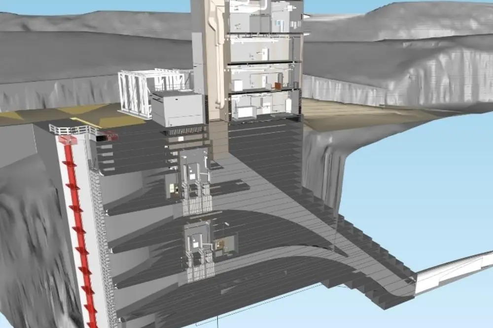 This architectural rendering of the additional water storage project at Howard A. Hanson Dam showcases a cross-sectional view of the multiport intake and steep slope bypass and tower of the new fish passage facility. (Rendering courtesy of USACE)