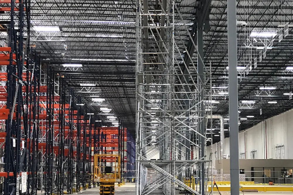 Shoring scaffolding in a warehouse