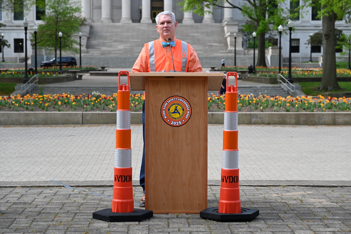 Rumbaugh speaks during a press conference for National Work Zone Awareness Week in April 2025.