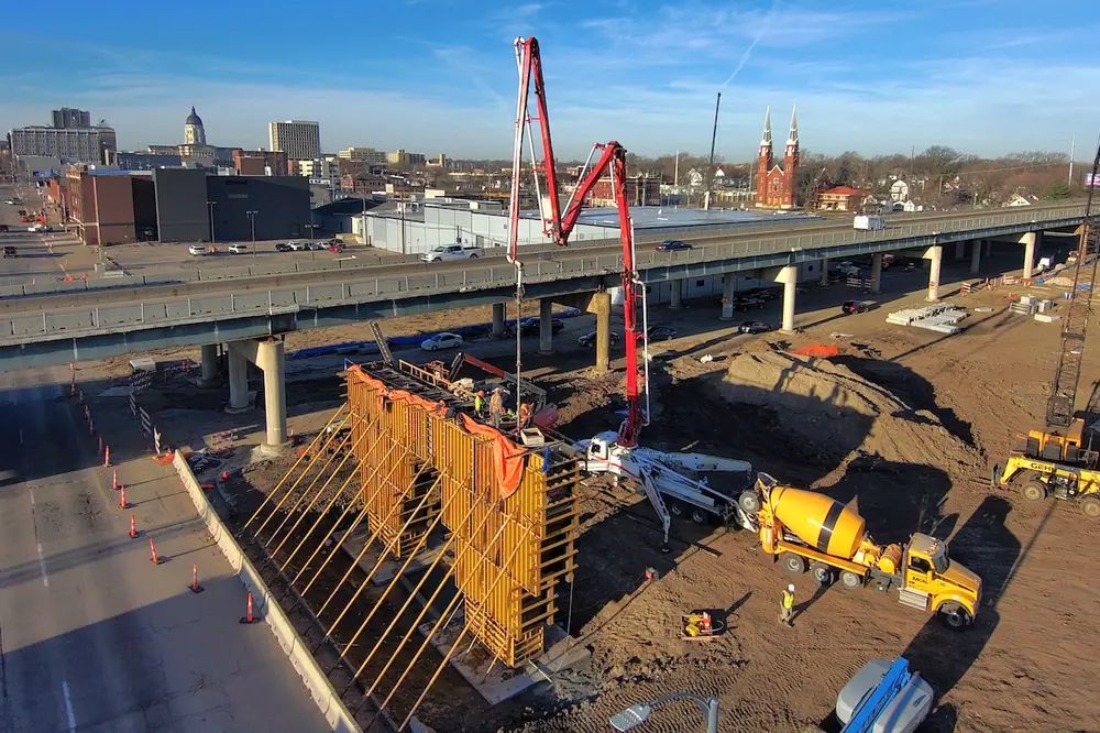 A new bridge pier is being constructed adjacent to the existing I-70 Polk-Quincy Viaduct. (Photo courtesy of Kansas Department of Transportation)
