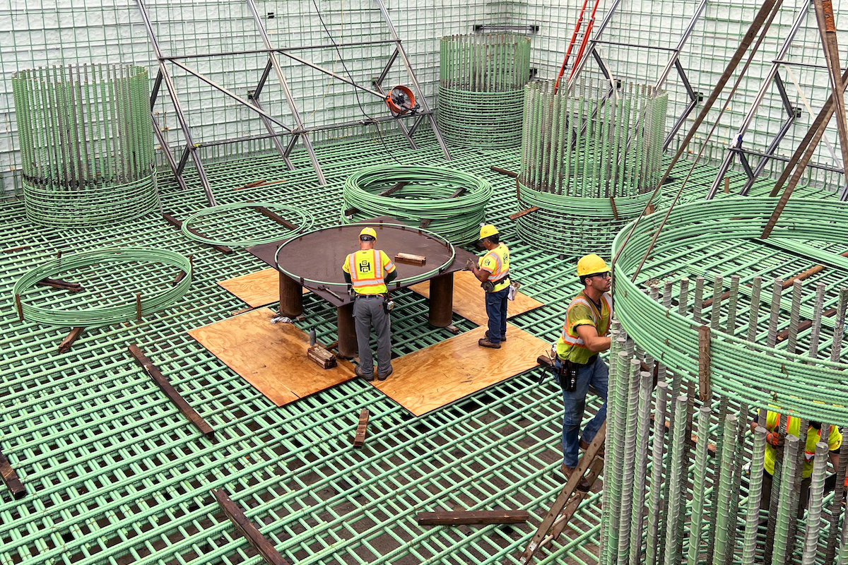 Pictured here is the reinforcement placement of the bottom reinforcement mat at Pier 2 of the Point-No-Point Bridge.