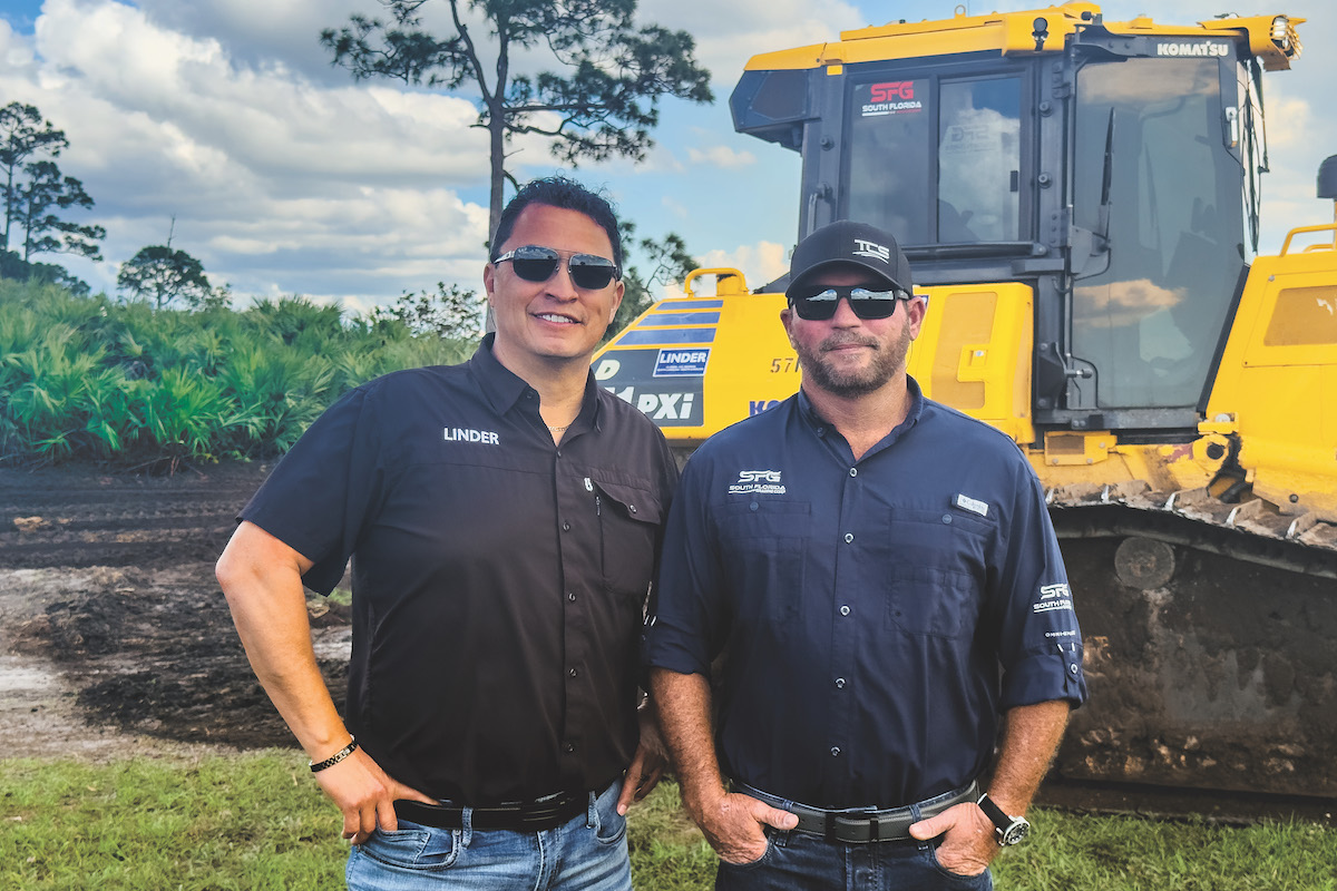 Linder’s Dan Tafoya (left) provides South Florida Grading’s Tim Reynolds (right) with service and support.